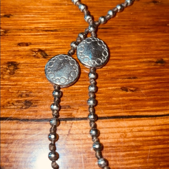 Silver bead layering necklace with leather knots 30 inches single or double wrap - Picture 5 of 9